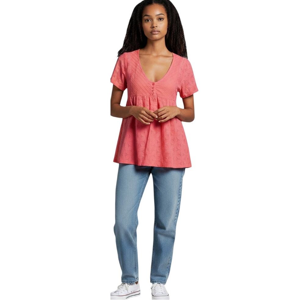 BCBGeneration Womens Top Pink Eyelet Short Sleeve Scoop Neck Babydoll XS